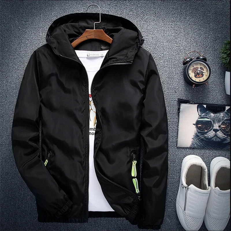 

Men's Jacket Spring Autumn Casual Solid Baseball Bomber Jackets Windbreaker Zipper Thin Hooded Coat Male Jacket Plus Size 7XL