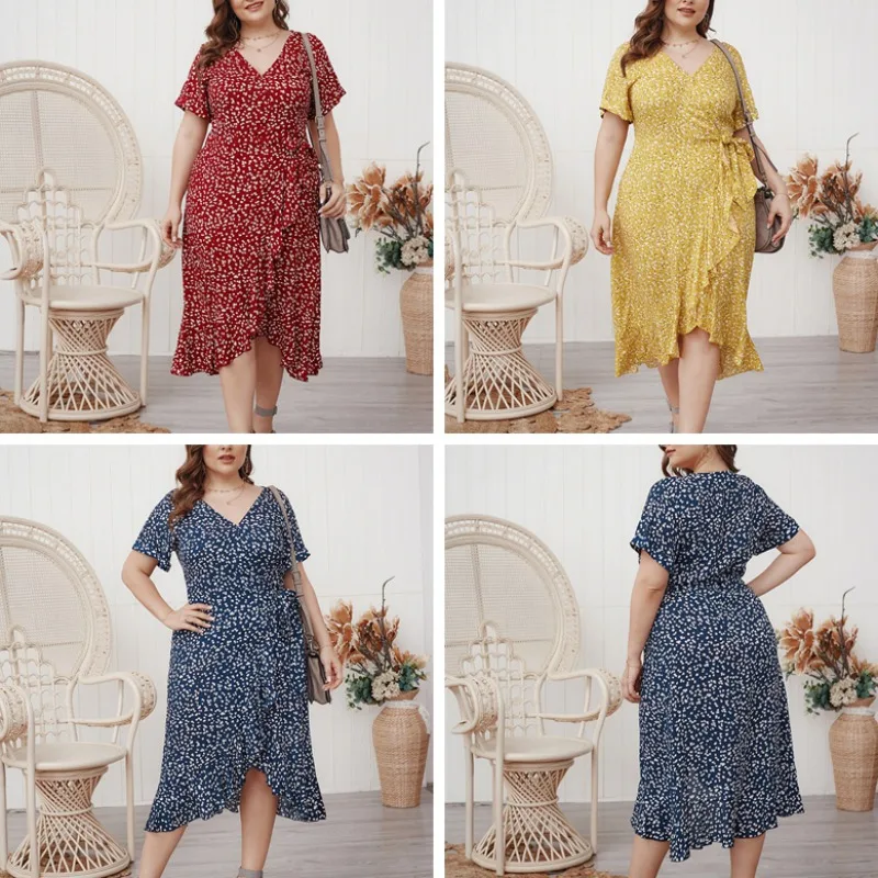 

Women's Dress 2020 Summer Casual Loose Sexy V Neck Short Sleeve Floral Print Mid Length Dresses Vestidos W1