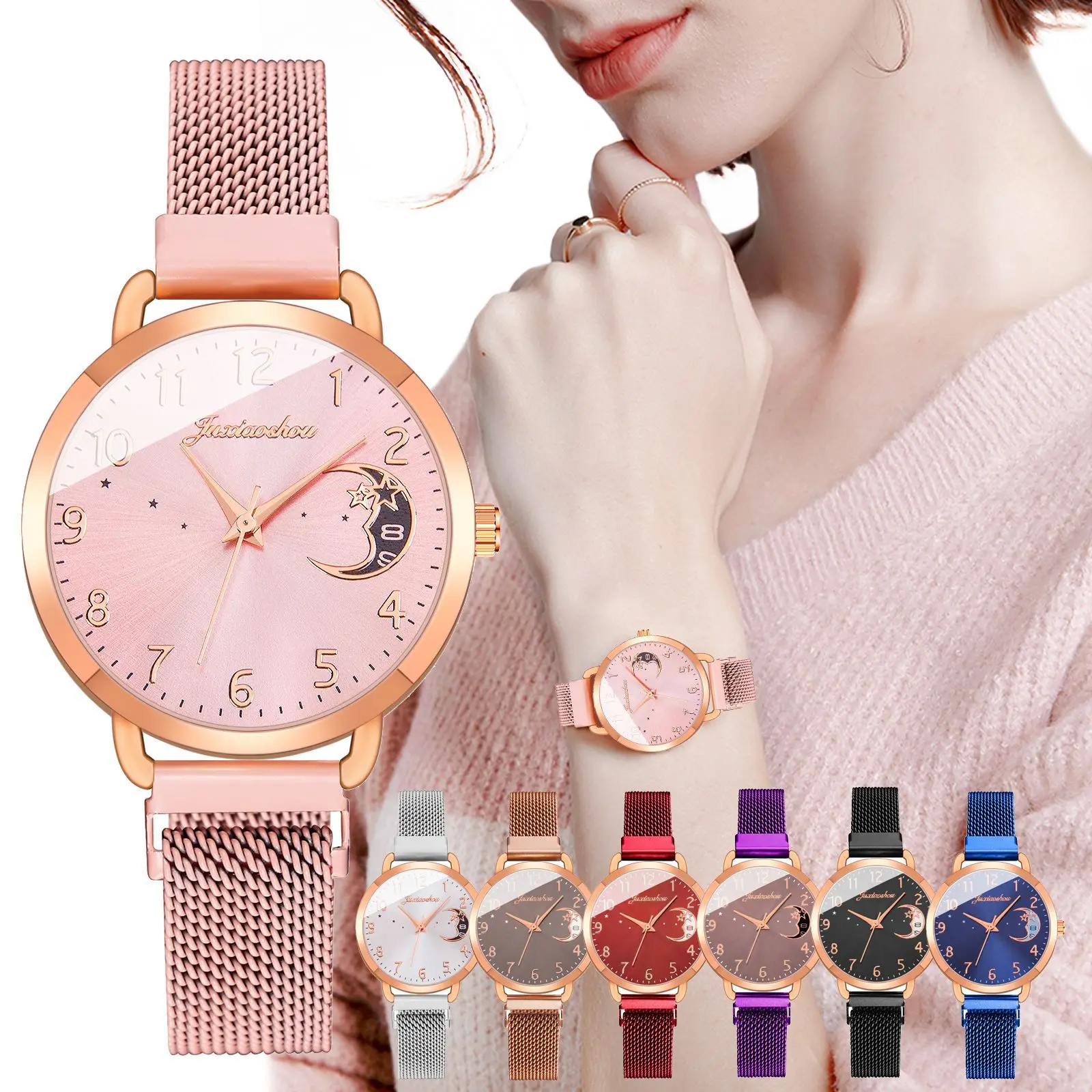 

Часы наручные женские кварцевые с магнитным ремешком, люксовые деловые, с Луной, арабским цифровым циферблатом, с розовым браслетом из спла...