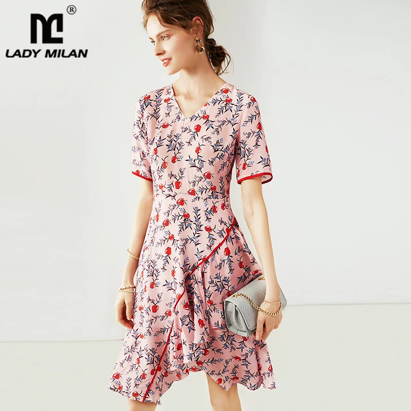 Женское Ассиметричное платье из 100% шелка с v-образным вырезом короткими рукавами