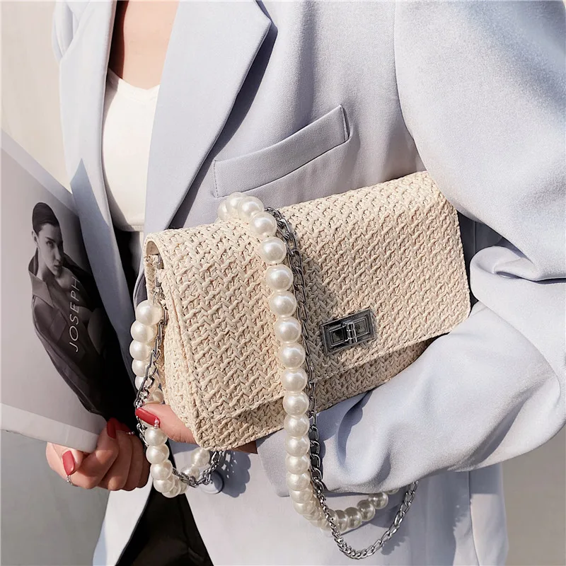 

Small Straw Flap Crossbody bag 2021 Summer New Fashion Women's Designer Travel Handbag Pearl strap Shoulder Beach Purses