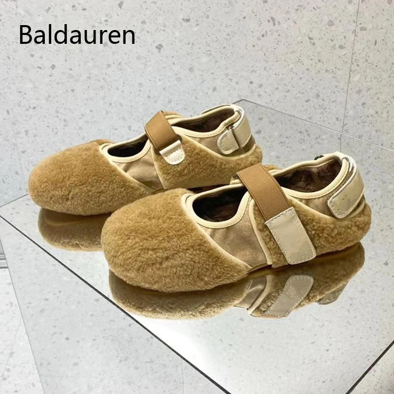 

Baldauren Women Flats Brand Design Luxury Free Shipping Fur Dance Shoes Ballet Flats Round Toe Winter Shoes Buckle Soft