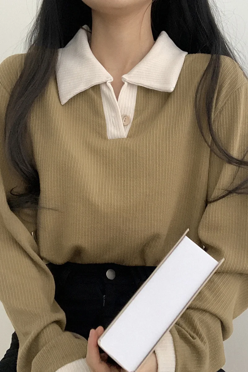 Женская рубашка-поло с длинным рукавом свободная тонкая контрастными лацканами