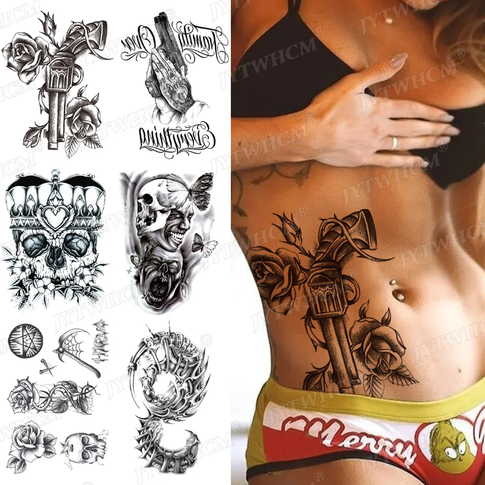 

Pistol Temporary Tattoo For Women Gun Waist Realistic Tattoo Rose Stickers Waterproof Fake Tattoo Resistant Flash Body Art Tatto