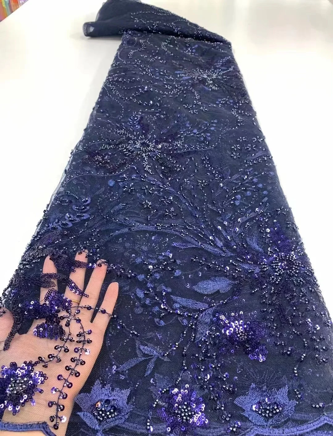 

2021 Luxury Sequin Embroidery French Mesh Lace Latest African Lace Bead Handmade Blue Dresses Tulle Mesh Lace Fabric