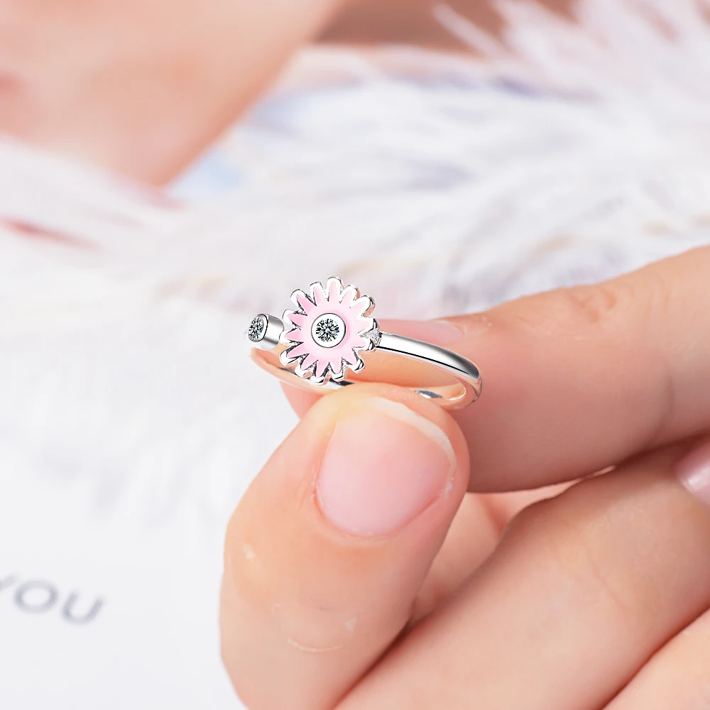 

925 Sterling Silver New Woman Fashion Jewelry High Quality Crystal Zircon Pink Flower Ring Size Adjustable Ring