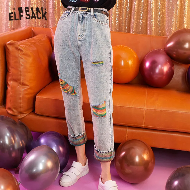 ELFSACK синие однотонные радужные рваные потертые женские джинсы 2019 осенние