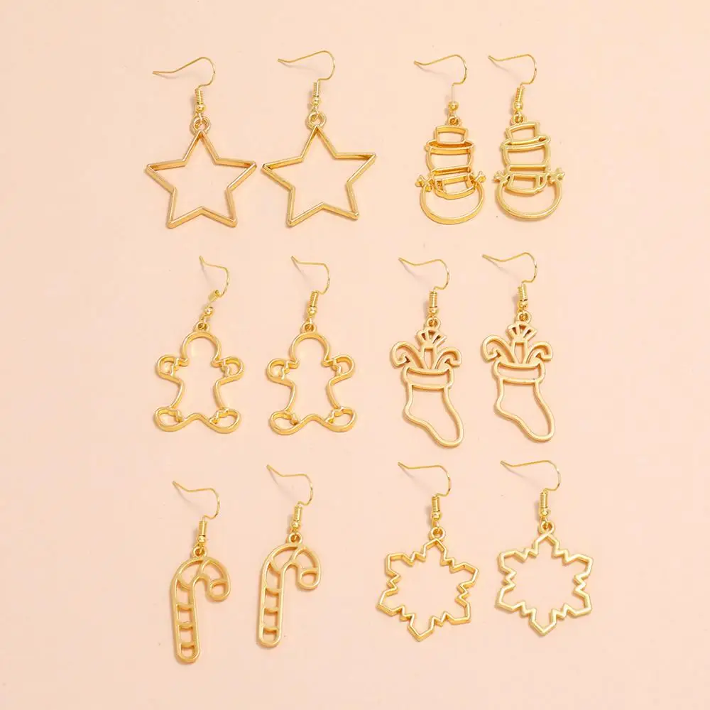 

6pcs/set Fashion Simple Hollow Gold Star Snowflake Snowman Candy Earrings Women Christmas Children Boutique Jewelry Accessories