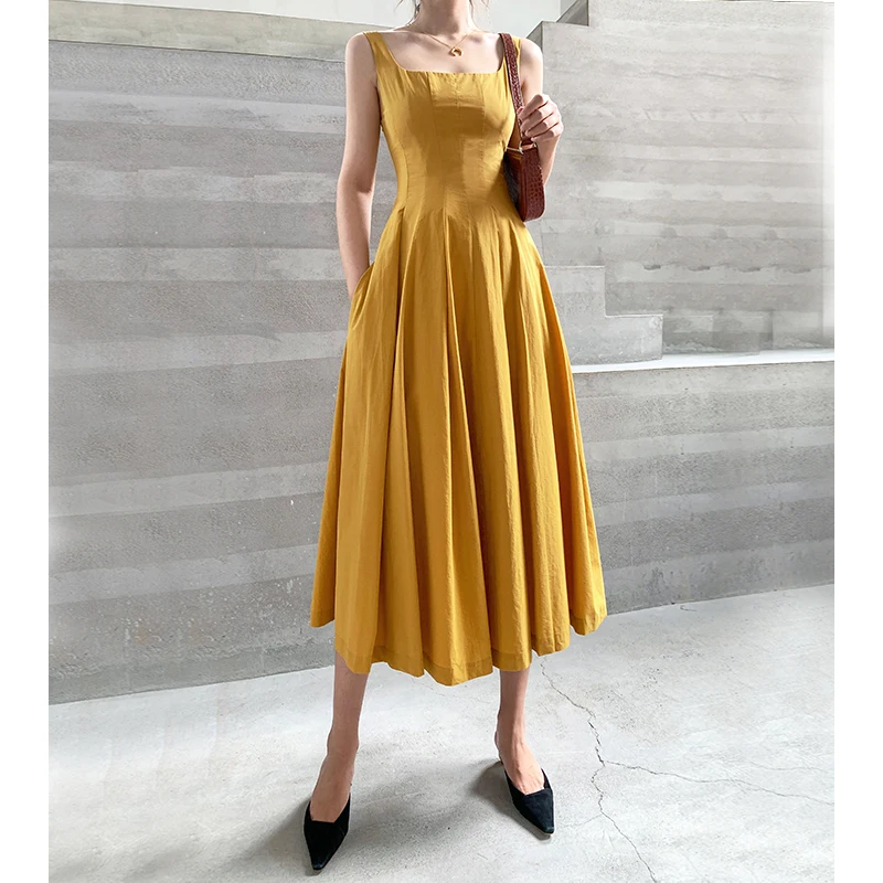 Платье женское французское с высокой талией желтое ТРАПЕЦИЕВИДНОЕ ПЛАТЬЕ