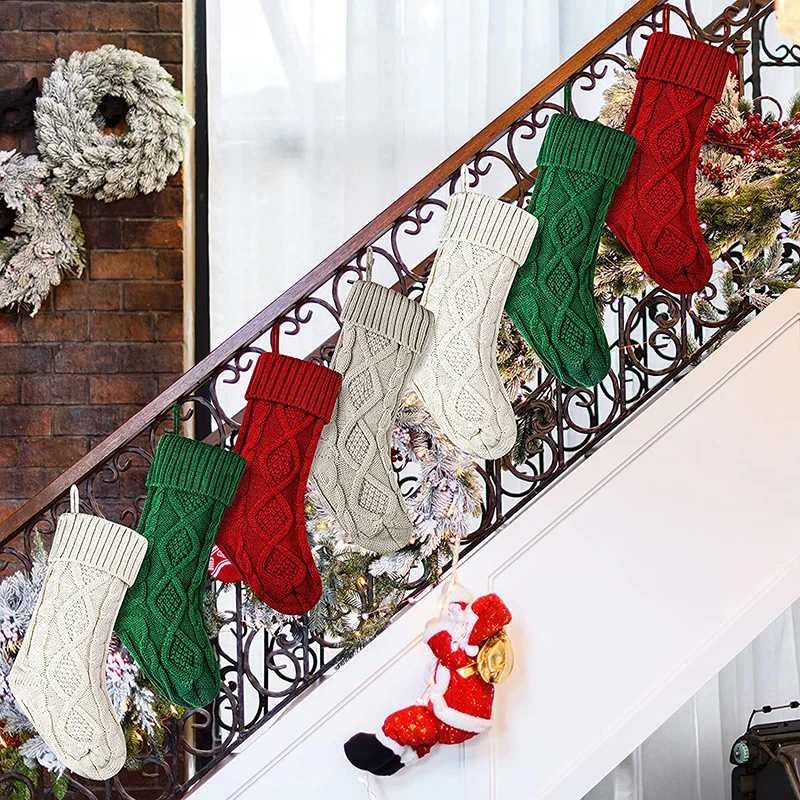 

Christmas Stockings 18 Inches Large Size Cable Knitted Stockings Solid Color Stocking Decorations for Family Holiday Decoration