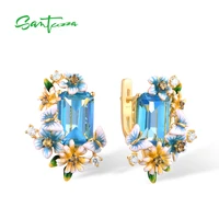 santuzza 925 sterling silver earrings for women octagon blue stone flower flora butterfly enamel gold color wedding fine jewelry