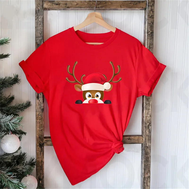 

New 2021 Women Christmas Funny Elk Print T Shirt Casual Loose Pullover TopsTee Fashion Short Sleeve Lady Round Neck Clothes