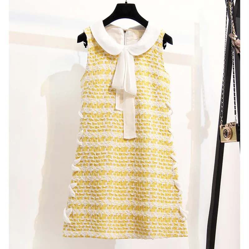 Осень-зима 2020 милое желтое клетчатое твидовое платье для девочек с круглым