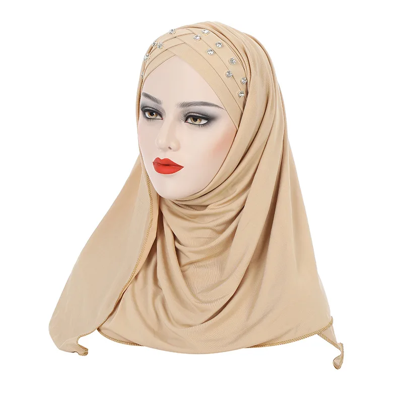 

New Women Jersey Scarf Soft Plain Diamonds Instant Hijab Shawls and Wraps Foulard Femme Muslim Hijabs Ready To Wear Headscarf