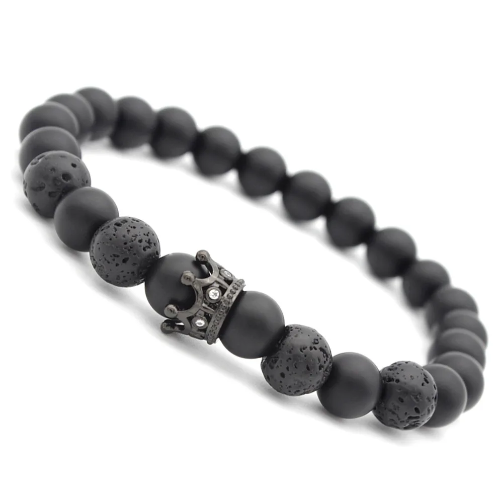 

8mm Black Frosted Volcanic Stone Crown Men's Bracelet Seven Chakra Yoga DIYJewelry Boyfriend Gift Evil Eye Bangle Bead Chain