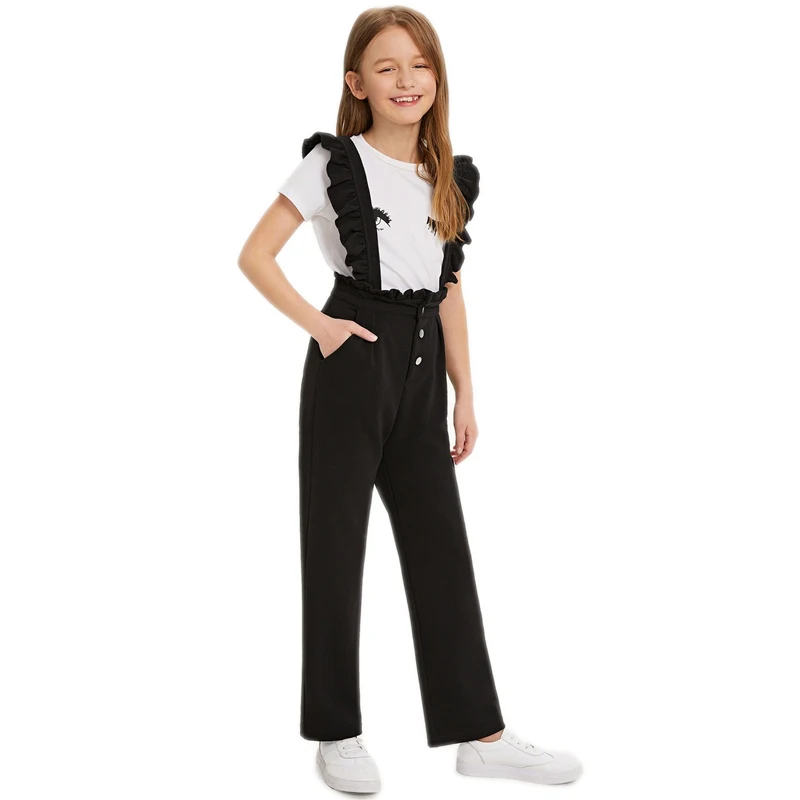 SHEIN Kiddie/черные однотонные брюки на пуговицах, возможность носить с брюками с рюшами на бретелях, детские штаны г., Осенние прямые длинные штаны для подростков