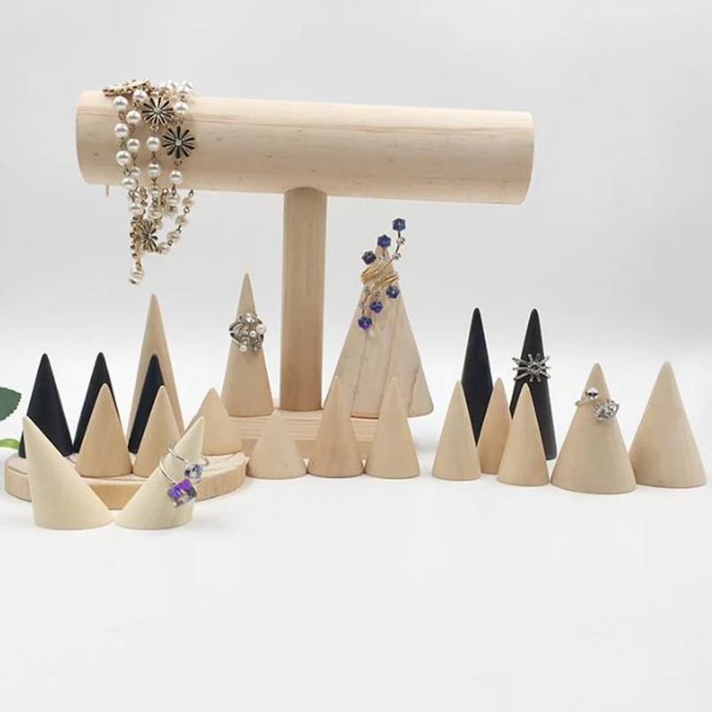 

Vintage Natural Unpainted Wood Finger Cone Ring Holder Jewelry Display Stand Organizer Storage Rack
