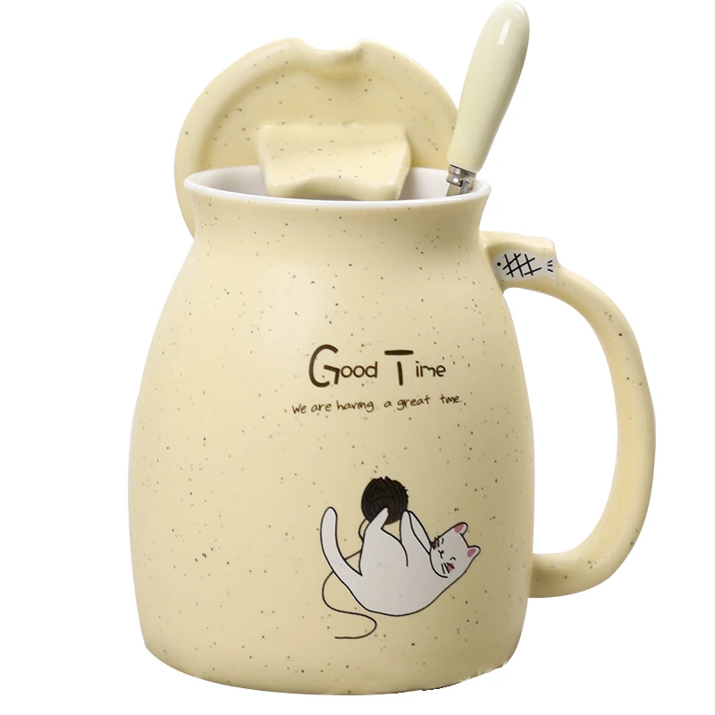 

Genuine ins cute ceramic cat mug with mobile phone holder spoon lid 500ml can be used for coffee cups, milk cups, etc