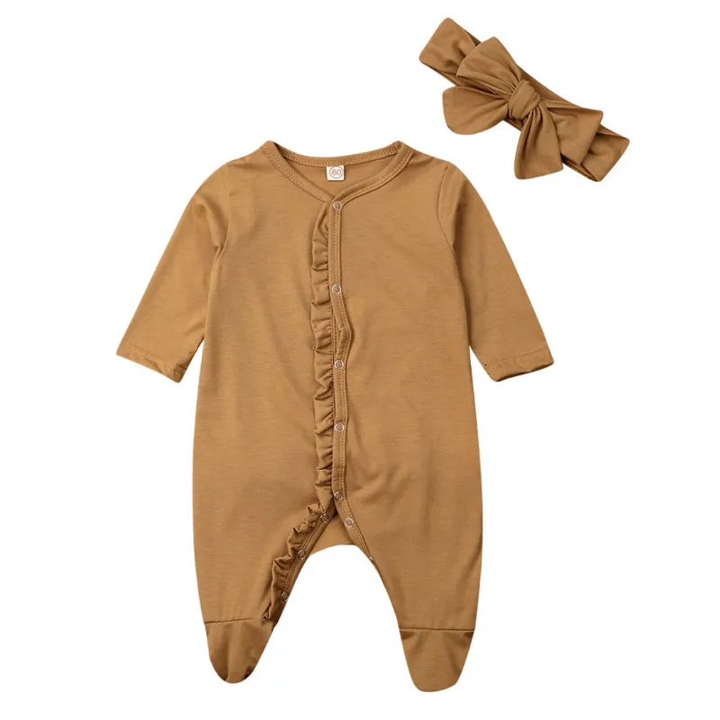 Цвет: желтый Emmababy, 2 предмета, для новорожденных, для маленьких мальчиков и девочек, с длинными рукавами, хлопок, на пуговицах, Детский комбинезон с повязкой-бантом, осенняя одежда - Цвет: Цвет: желтый