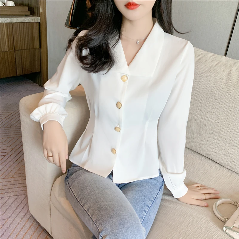 

Новинка осени 2020, однотонная элегантная рубашка с длинным рукавом, Женская плиссированная облегающая шифоновая рубашка с V-образным вырезом и лацканами