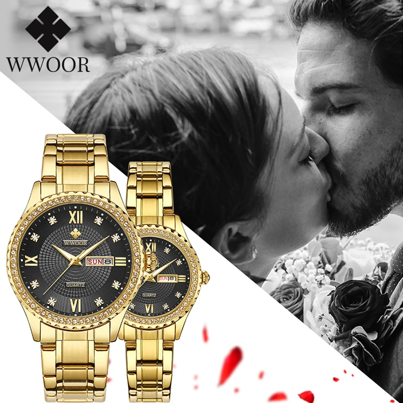 

WWOOR Luxury diamond gold couple watches + box pair men and women Fashion Quartz Steel band Lover Watch Pair Waterproof Date