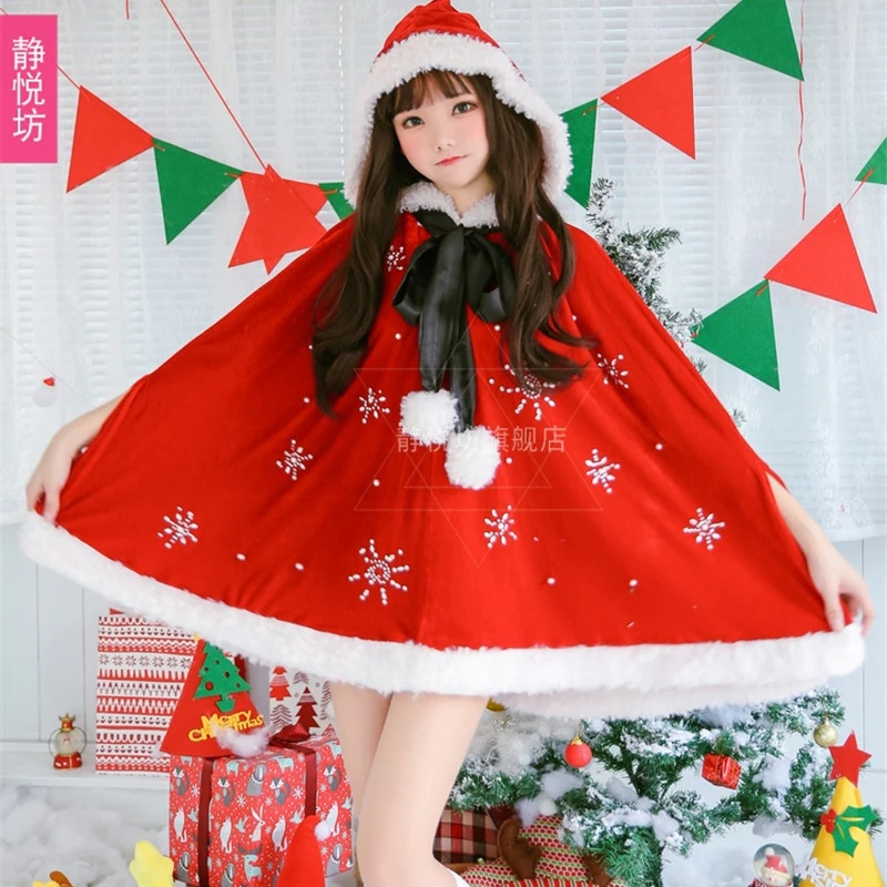 Adult Women Hooded Cloak Party Role Play Christmas Costume Mrs Santa Claus Winter Warm Red Velvet Fur Cloak with Short Pants