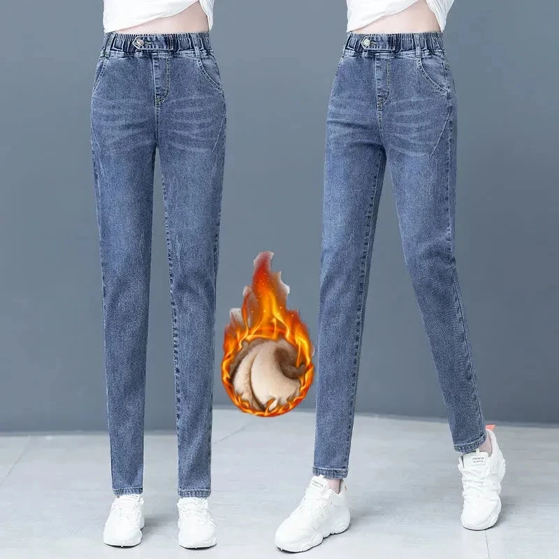 

Зимние теплые джинсы-шаровары, Женские повседневные эластичные флисовые джинсовые брюки с высокой талией, бархатные эластичные джинсы для ...