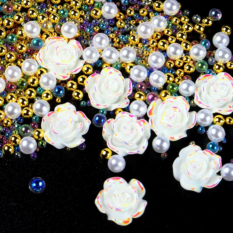 

Resin Rose Flowers Mixed Aurora Iridescent Glitter Glass Beads Bubble DIY Accessories Kawaii Nail Art Decorations Valentines Day