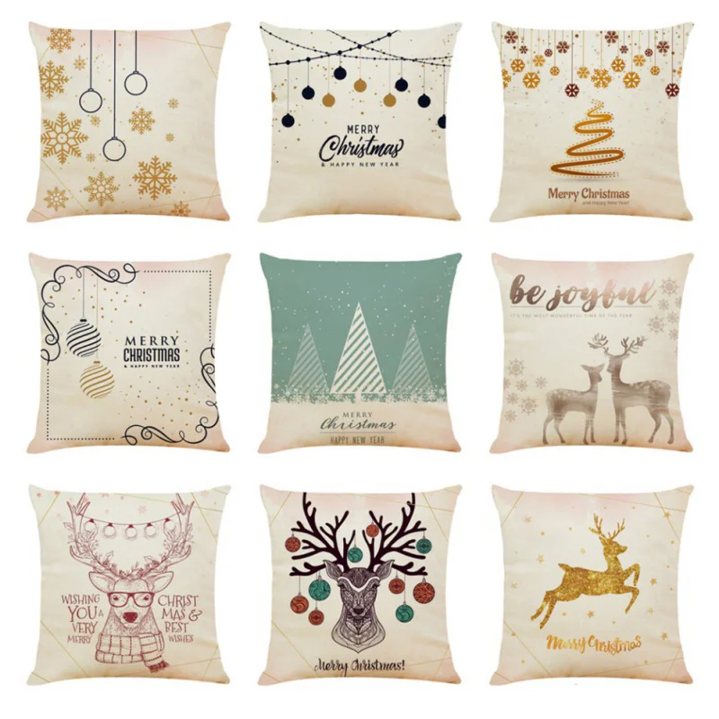 Cute Cartoon Linen Christmas Santa Claus Elk Throw Pillow Case Cover 45x45cm Merry Christmas Decorative Pillowcases