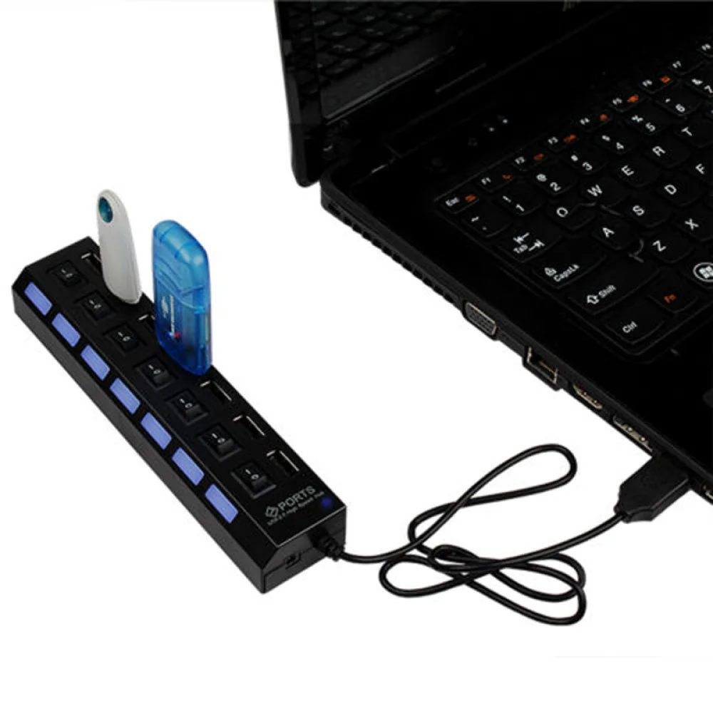 

7-Port USB 2.0 Multi Charger Hub with High Adapter ON/OFF Switch for Laptop PC (Black)