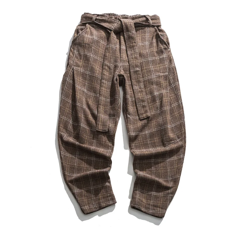 

Japanese Trousers Men Striped Sweatpants Autumn Asian Harajuku Loose Thick Kimono Velvet Trend Linen Plaid Casual Wide Leg Pants