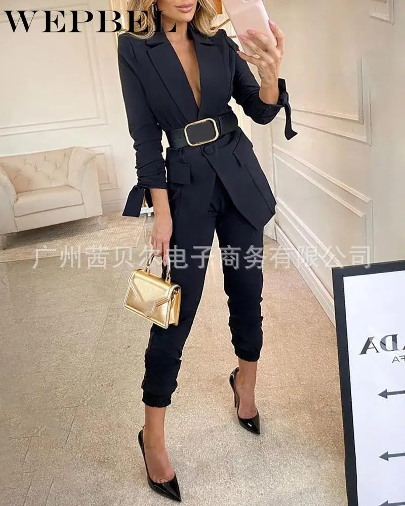 

WEPBEL Women Autumn Winter Business Set Tracksuit Full Sleeve Blazers Pencil Pants Suit Two Piece Set Office Lady Outfit Uniform