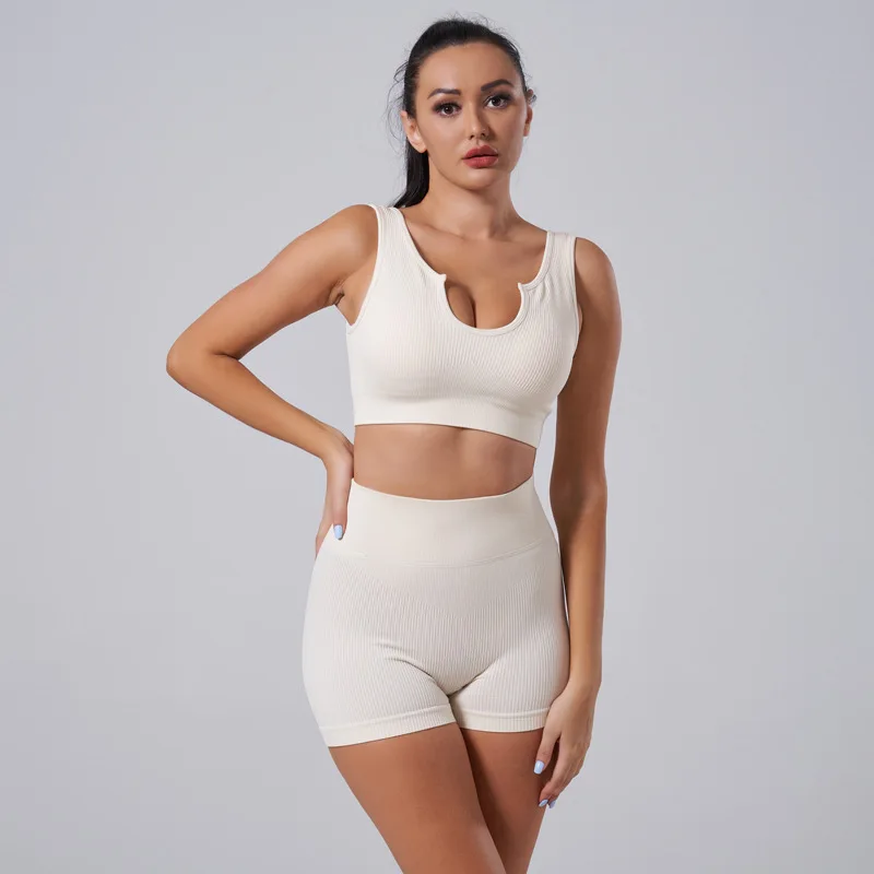 

Women Ribbed Sports Suits U Collar Tanks Tops Push Up Shorts Sets High Waist Leggings Suits Girls Summer Seamless Gym Wear
