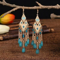vintage bohemian blue crystal drop earrings for women ethnic long colorful rice bead golden chain tassel earrings female jewelry