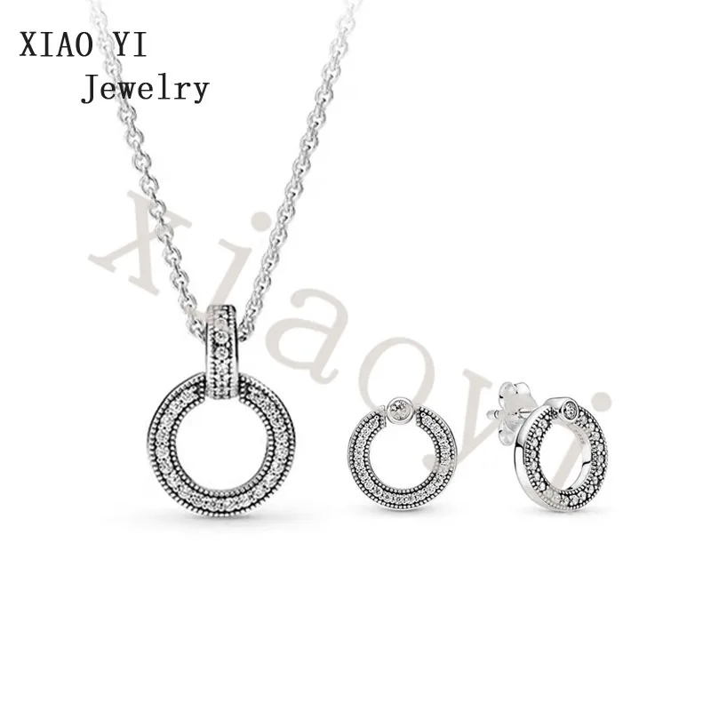 

XIAOYI 2021 NEW S925 Circle double ring necklace earrings with zircon series wedding accessories jewelry of high quality female