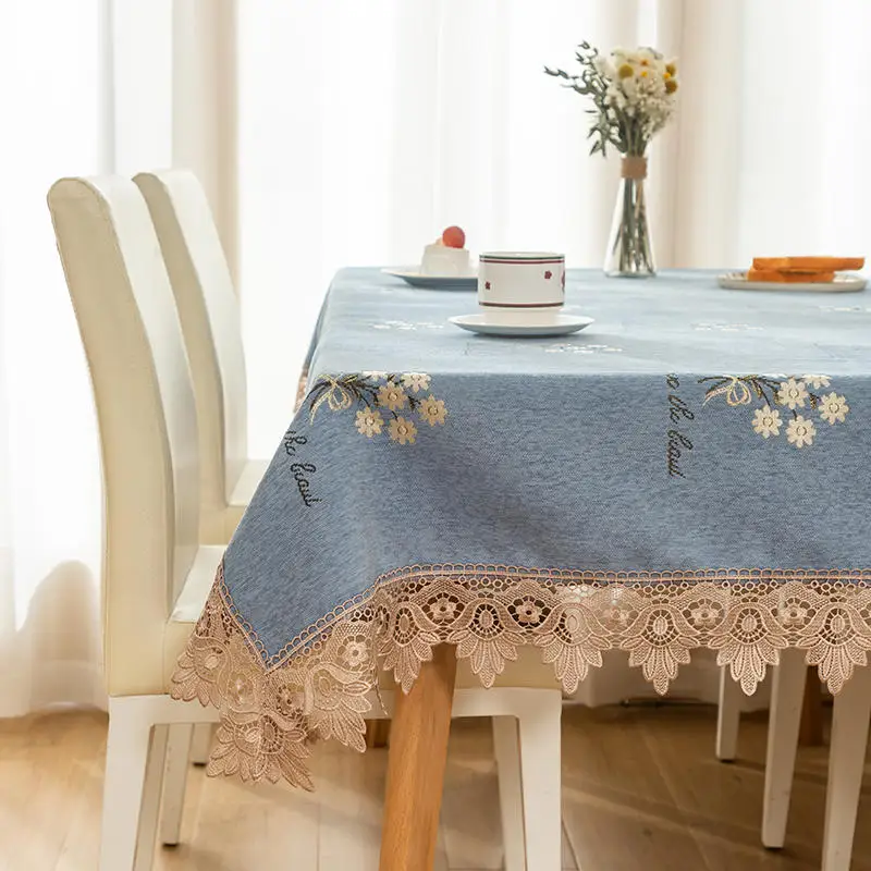 

Table Cloth for Dining Table 130x180cm Flower Printed Jacquard Table Cover Blue Color Tableclothes with Lace