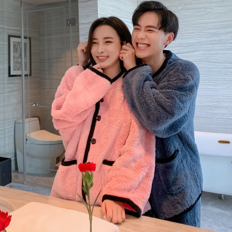 

Women Men Solid Sleepwear Homewear Soft Warm Pijamas Suit Couples Pajamas Set Winter Thicken Pyjamas