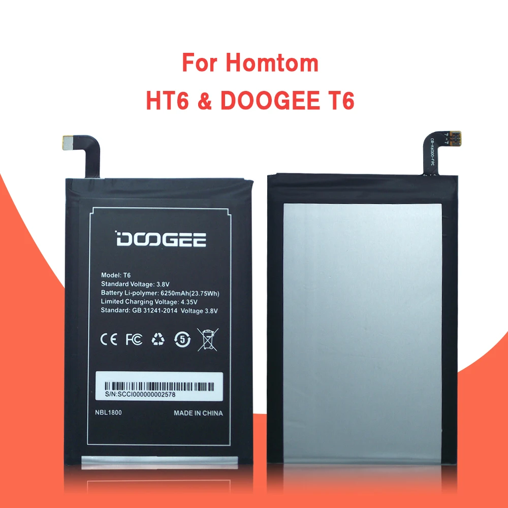 Аккумулятор Homtom HT6 6250 мАч Новые запасные аккумуляторы для сотового телефона DOOGEE T6