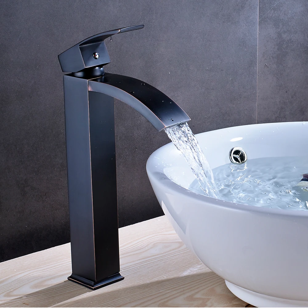 Black Bronze High Черный смеситель для раковины на бортике, водопад, квадратный кран для раковины в ванной, однорычажный латунный Смеситель для горячей и холодной воды - Цвет: Black Bronze High