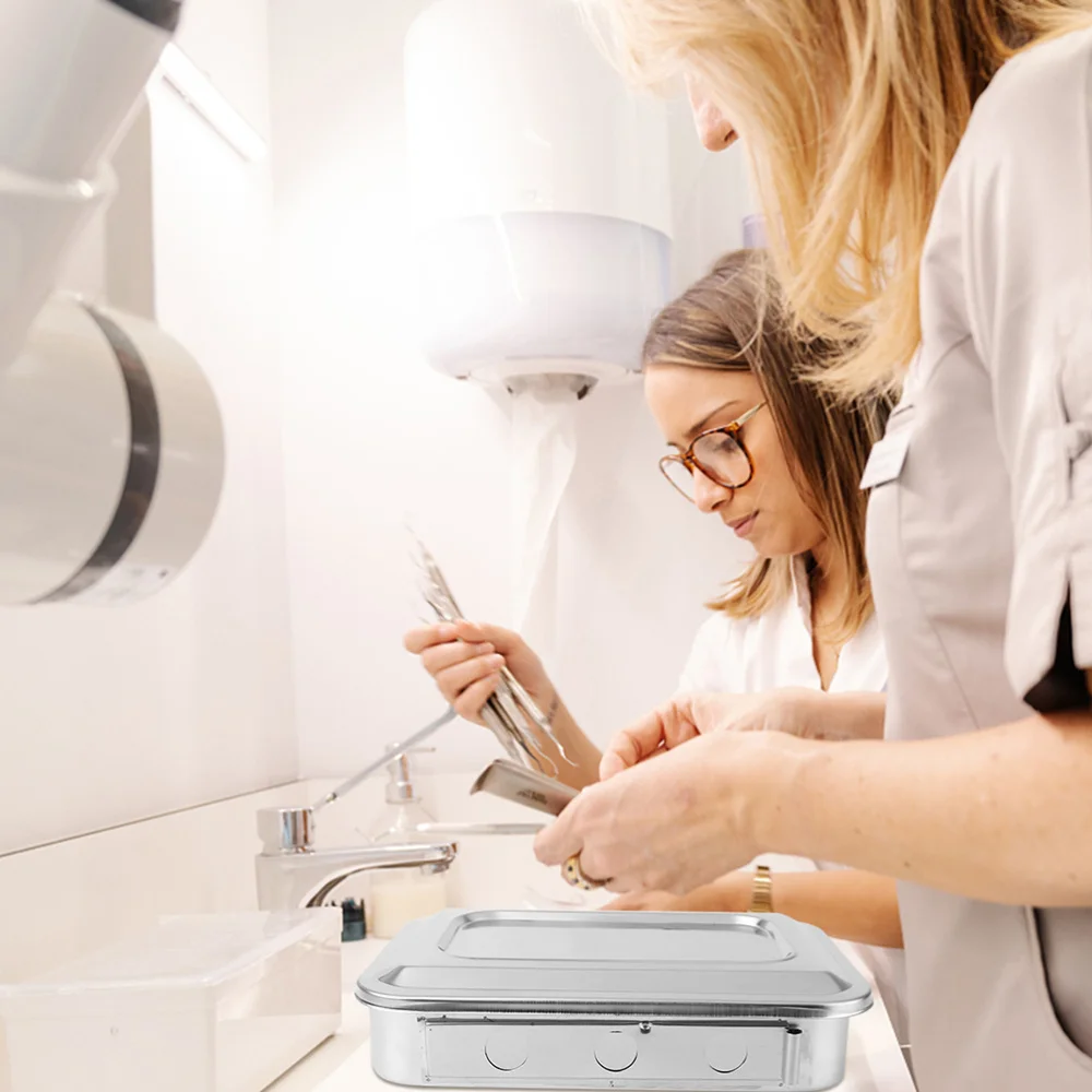 

1PC Stainless Steel Disinfectant Box Tray with Lid and Hole Silver