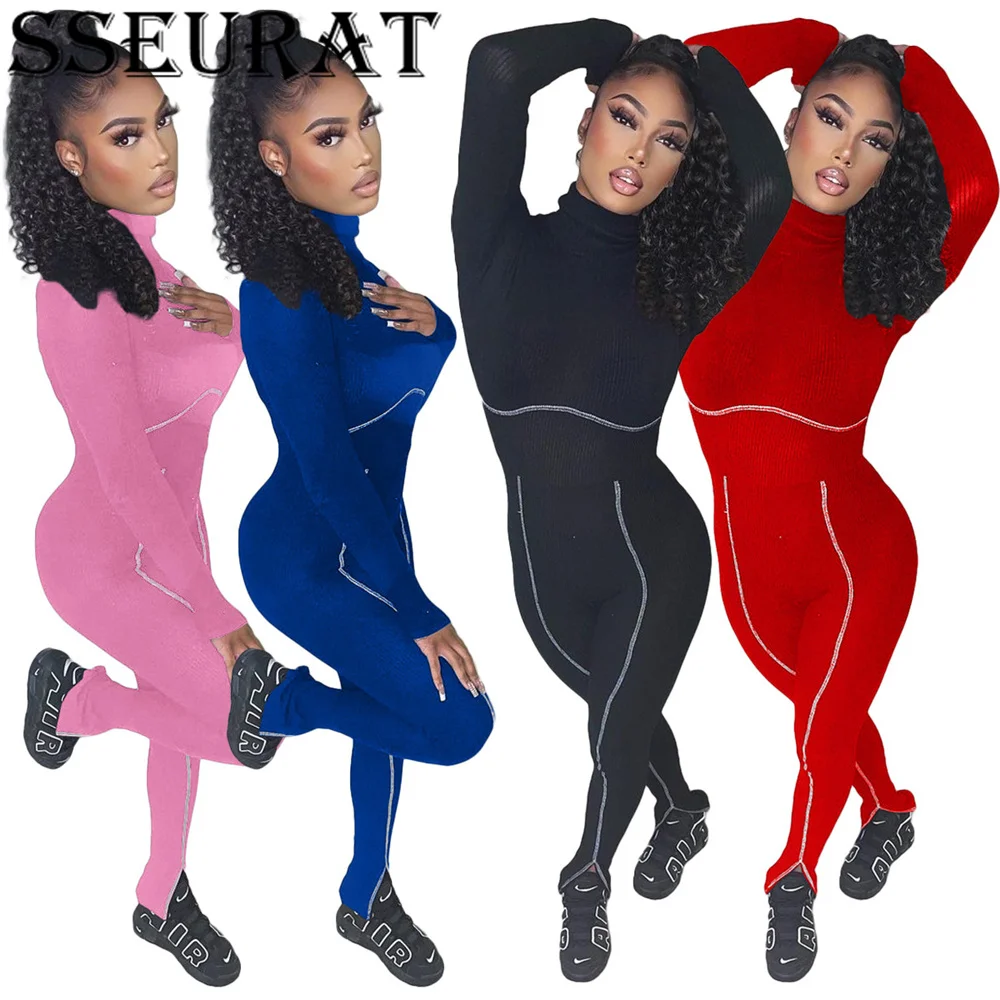 

SSEURAT Women Turtleneck Bodycon Skinny Jumpsuit Sport Pencil Long Sleeve Romper Autumn Winter Overalls