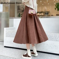 qiukichonson autumn winter high waist brown black skirt women korean style elegant a line midi long skirts jupon