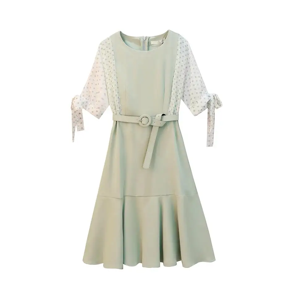 

plus size women Dot Summer mermaid dress 2021 short puff sleeve pleated v neck dress high waist Bow trumpet dress vestidos