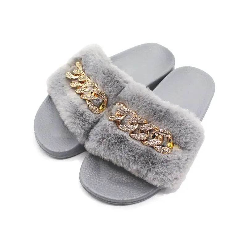 

2021 New Women Plush Slippers Zapatos De Mujer Fashion Chain Drill Plush Slippers Open Toe Outdoor Ladies Shoes Plus Size 41