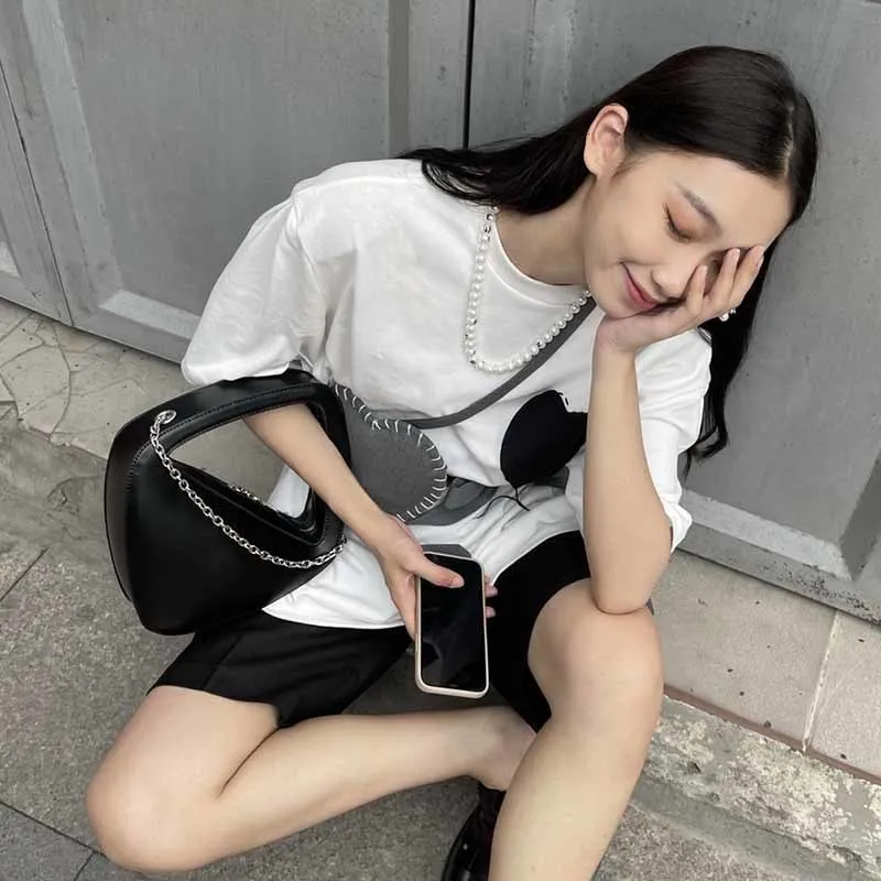 

VGH Hit Color Two Piece Set For Women O Neck Short Sleeve Casual T Shirt Solid Lace Up Bowknot Vests Loose Sets Female 2021 Tide