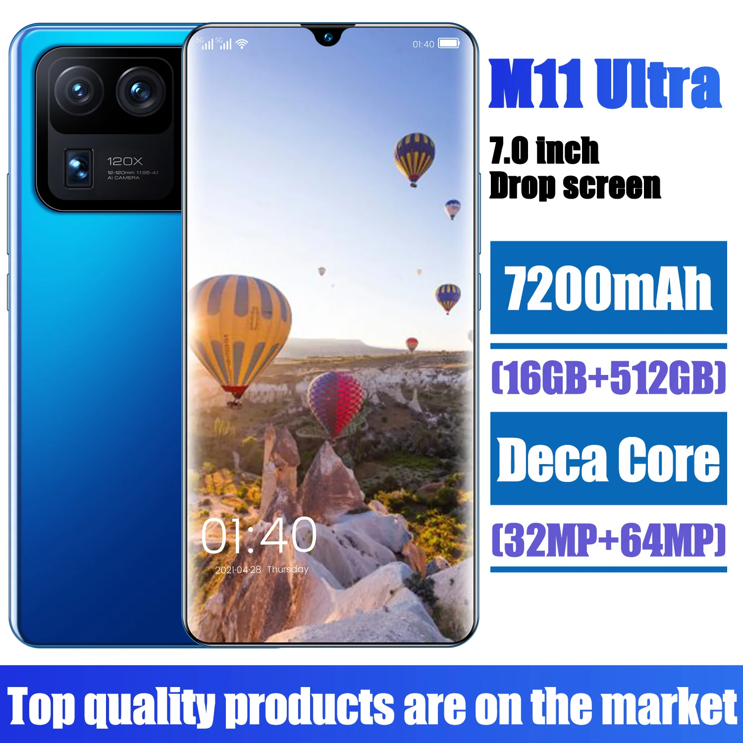 Global Version Xiomi Smartphone M11 Ultra 5G 7.0 Inch HD 7200mAh Snapdragon 888 16G 512G 32MP 64MP Camera FaceID Mobile Phone