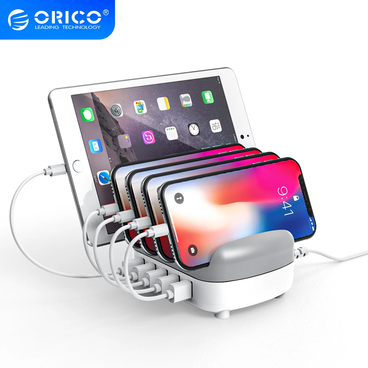 

ORICO 5 Ports USB Charger Station Docking with Holder 40W 5V2.4A Charging Free USB Cable for iphone Samsung Xiaomi PC Tablet