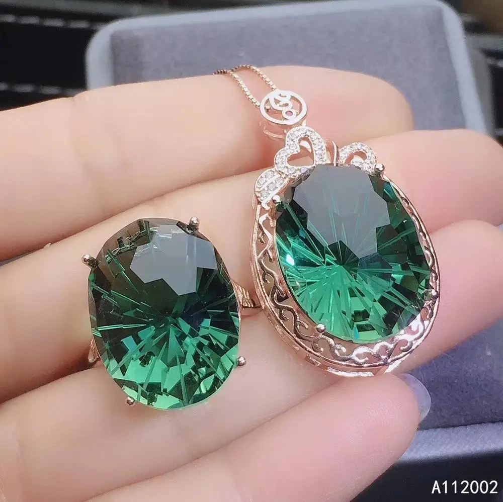 KJJEAXCMY fine jewelry Green crystal 925 sterling silver women gemstone pendant necklace chain ring set luxury