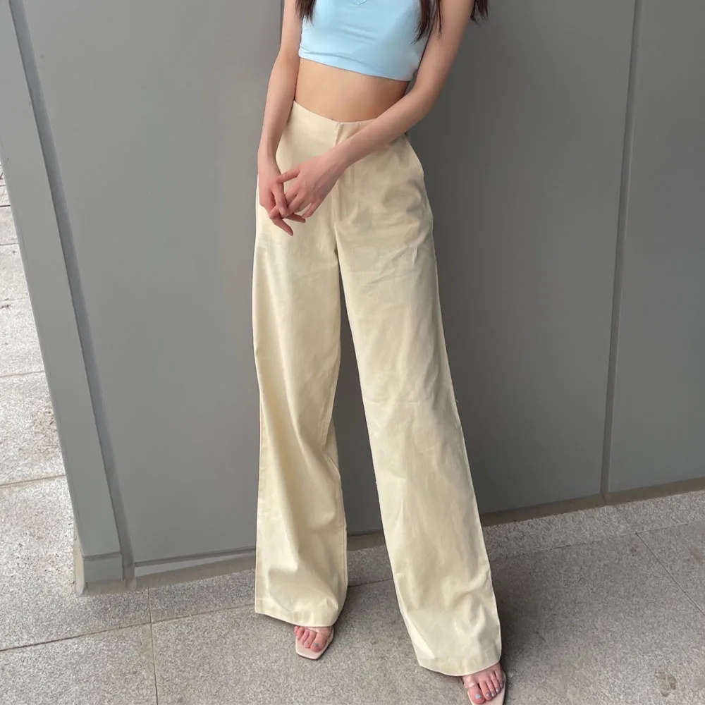 

Za Women 2021 New Chic Fashion Solid Color Wide-leg Pants Vintage High Waist Waist Side Pockets Flax Female Trousers Mujer