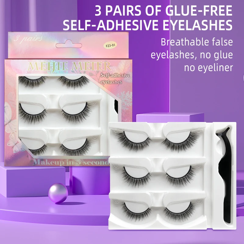 

3 Pairs Glue Free Self Adhesive Eyelashes Breathable False Lashes No Glue No Eyeliner Easy To Wear 3D Makeup Eyelashes Beauty